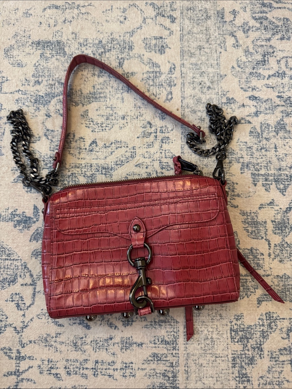 Rebecca Minkoff Croc-Embossed Wine Red Crossbody with Gunmetal Chain